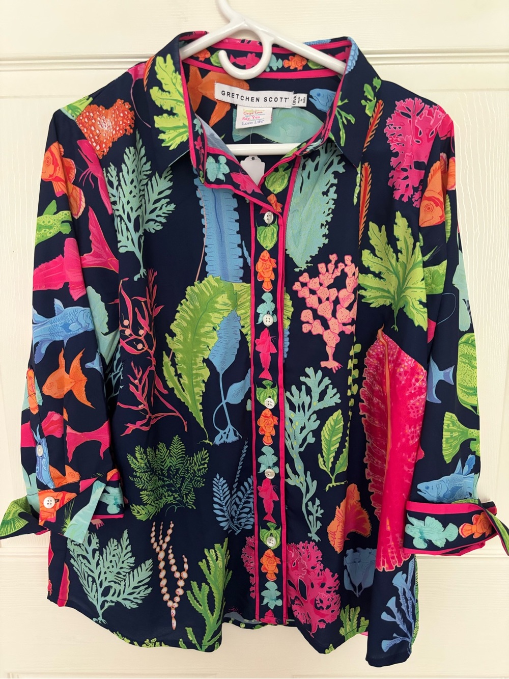 Gretchen Scott Designs Navy Button-Up Shirt with Neon Coral & Seafoam Prints